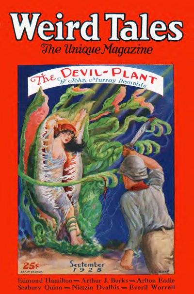 First published in Weird Tales, September 1928 (vol. 12, no. 3). Issue cover by C. C. Senf.