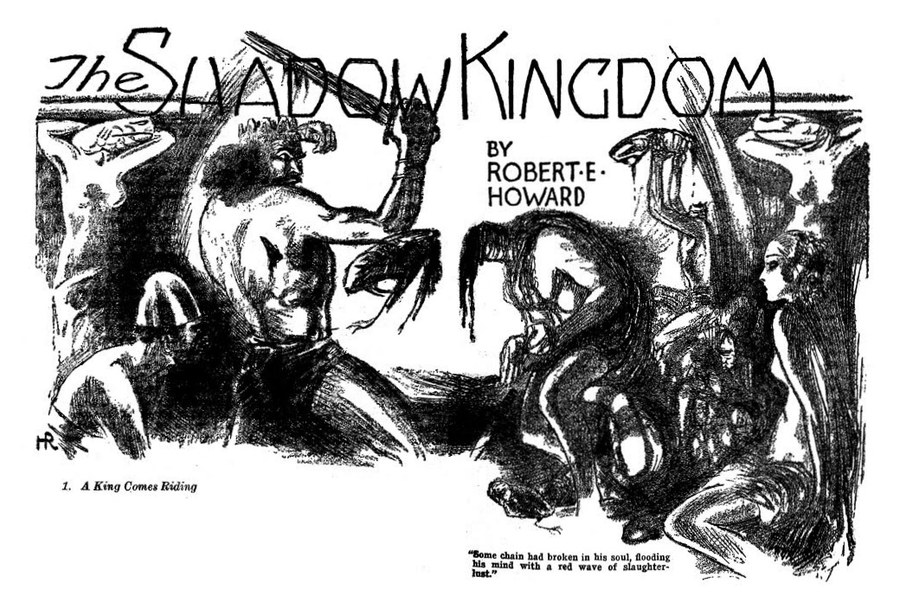 Interior for “The Shadow Kingdom.” Weird Tales, August 1929. Art by Hugh Rankin.
